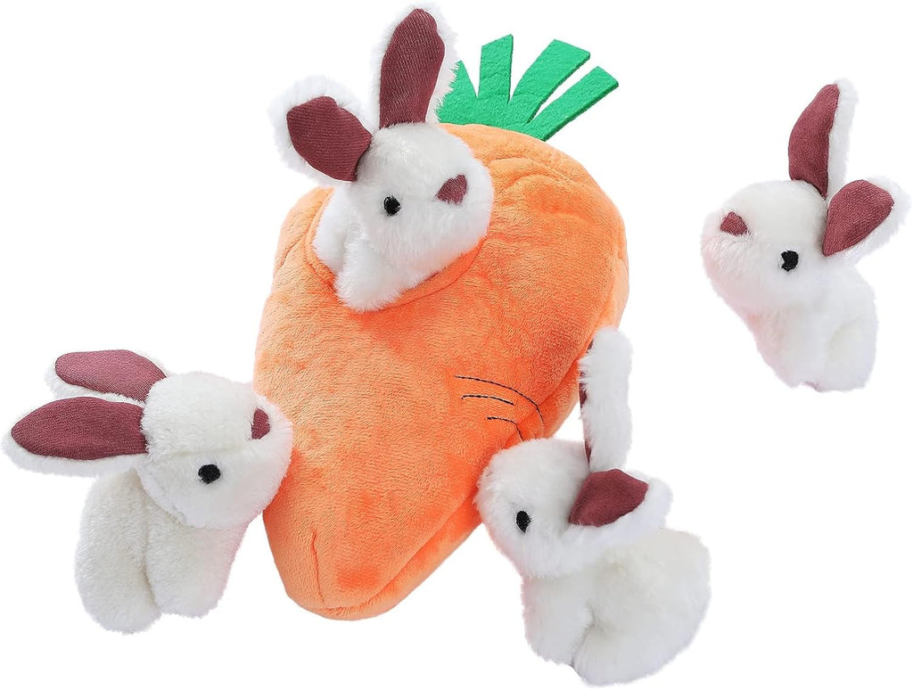 Interactive Hide and Seek Squeaky Dog Plush Toy, Rabbit and Carrot, Orange and White, 5-Pack
